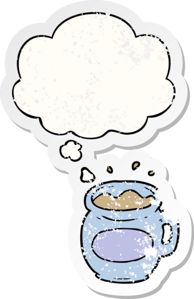 Düşünce baloncuklu çizgi film kahve fincanı insan tarafından çizilmiş yıpranmış bir çıkartma gibi.