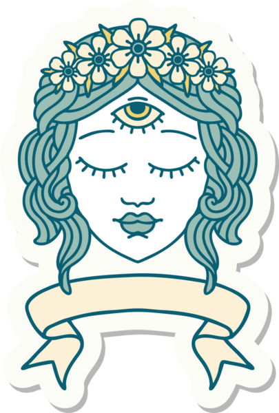 Dövme stili çıkartma, kadın yüzü pankartı, üçüncü göz ve bir insan tarafından çizilmiş çiçek taçı.