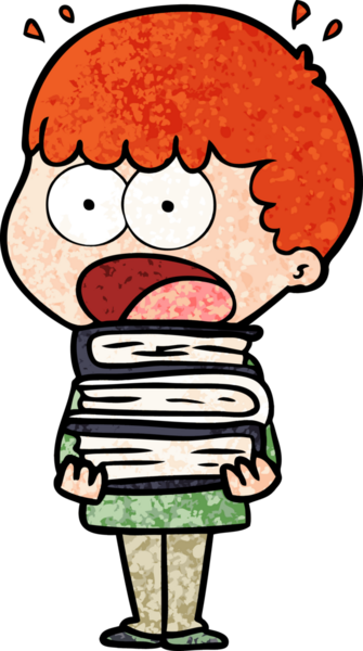 Bir insan tarafından çizilmiş kitap yığınıyla şok olmuş bir çocuk.