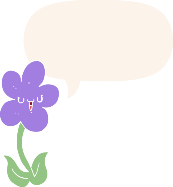 Mutlu yüzlü çizgi film çiçeği. Konuşma baloncuğu eski moda bir insan tarafından çizilmiş.