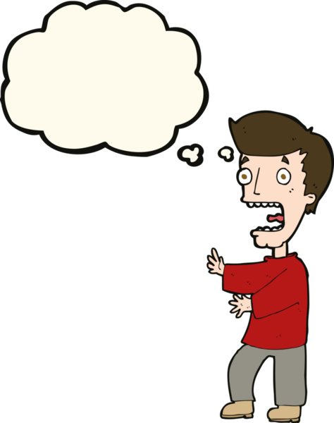 Bir insan tarafından çizilmiş düşünce baloncuğuyla dehşete düşmüş bir adam.