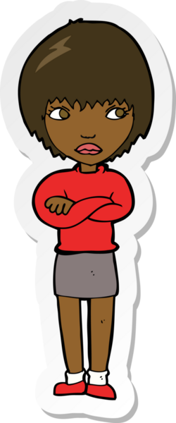 Çizgi film çıkartması. Bir insan tarafından çizilmiş rahatsız bir kadın.