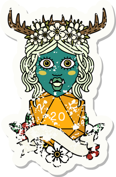 Retro Dövme Biçimi Yarı Ork Druid karakteri Bir insan tarafından çizilmiş doğal 20 zar ile