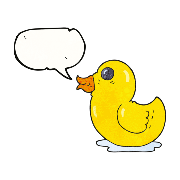 Bir insan tarafından çizilmiş serbest konuşma balonu desenli plastik ördek.