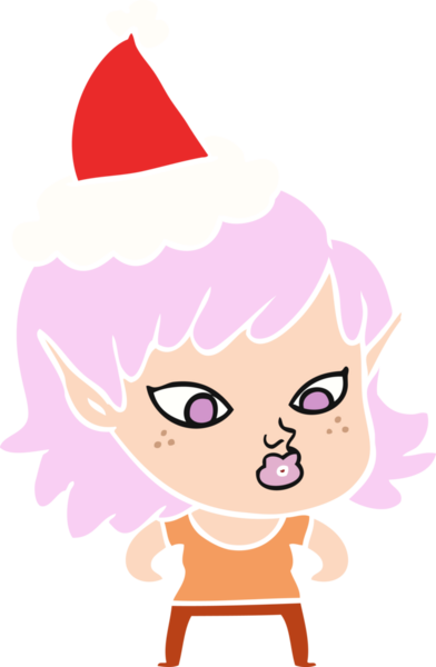 Bir insan tarafından çizilmiş Noel Baba şapkası giyen bir elf kızının güzel düz çizilmiş resmi.