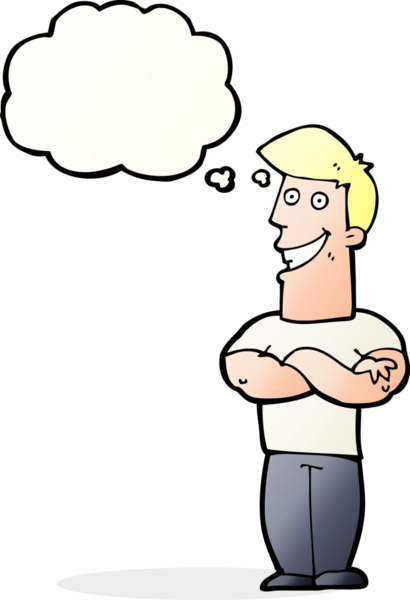 Bir insan tarafından çizilmiş düşünce baloncuğu ile sırıtan çizgi film adamı.