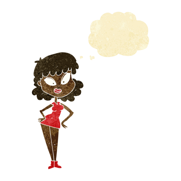 Bir insan tarafından çizilmiş düşünce baloncuğu olan elleri kalçasında çizgi film kadını.