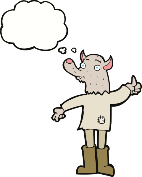 Bir insan tarafından çizilmiş düşünce balonu olan komik bir kurt adam.