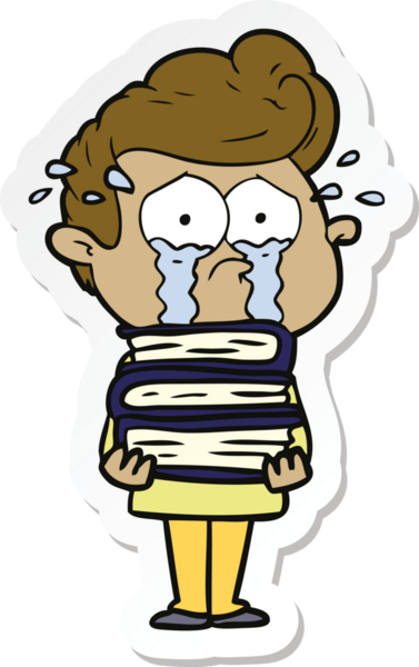 Bir insan tarafından çizilmiş kitap yığınıyla ağlayan bir çizgi film öğrencisinin çıkartması.