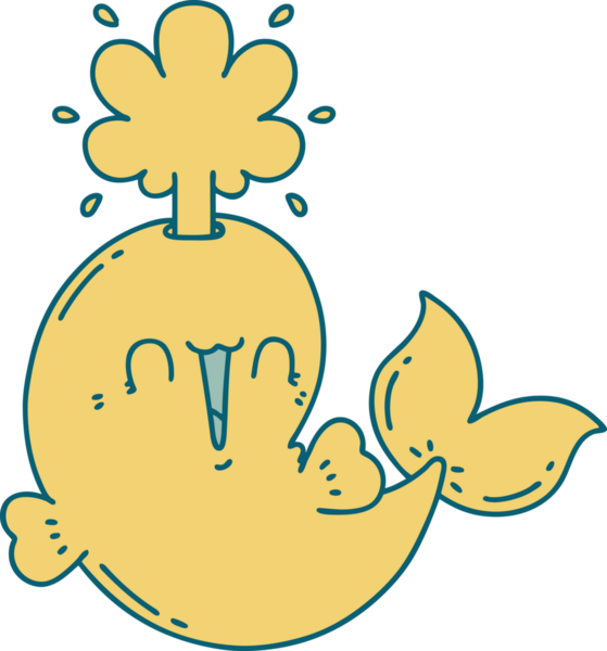 Geleneksel dövme stili bir insan tarafından çizilmiş mutlu, fışkırtan balina karakteri.