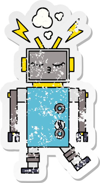 Bir insan tarafından çizilmiş arızalı bir robot çizgi film çıkartması.