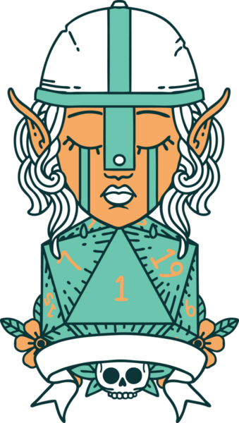 Retro Dövme Tarzı Ağlayan Elf Savaşçısı karakteri yüzü ve bir insan tarafından çizilmiş D20 rulosu.