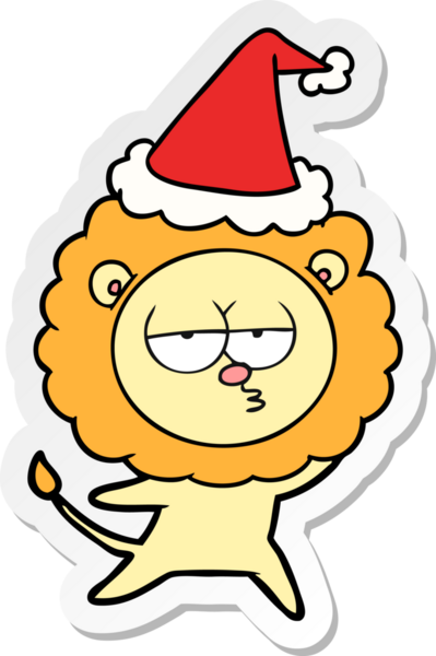 Bir insan tarafından çizilmiş Noel Baba şapkası takan sıkılmış bir aslanın el yazısı.