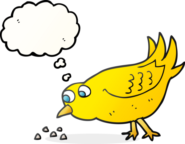 Düşünce baloncuğu karikatür kuşunun insan tarafından çizilmiş tohumları gagalaması.