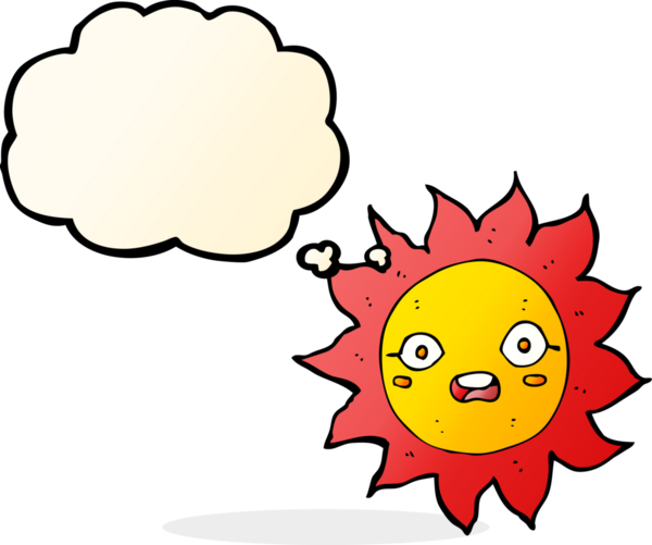 Bir insan tarafından çizilmiş düşünce baloncuklu çizgi film güneşi.