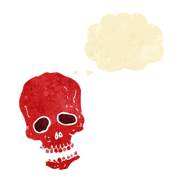 Bir insan tarafından çizilmiş düşünce baloncuklu bir kafatası.