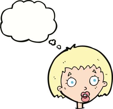 Bir insan tarafından çizilmiş düşünce baloncuğuyla kadın yüzünü şaşırtan çizgi film.