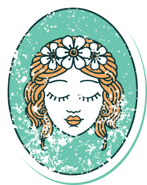 İkonik sıkıntılı dövme stili bir insan tarafından çizilmiş gözleri olan bir kızın resmi.