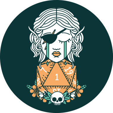 Ağlayan elf karakteri yüzü ve bir insan tarafından çizilmiş doğal bir D20 rulosu.