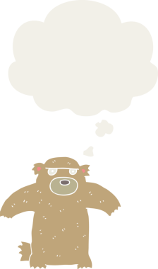 Düşünce baloncuğu olan çizgi film ayısı insan tarafından çizilmiş.