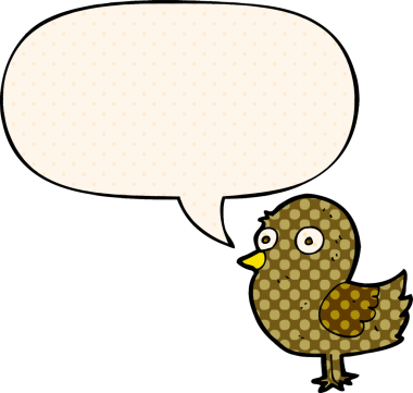 Bir insan tarafından çizilmiş çizgi roman tarzında konuşma baloncuğu olan çizgi film kuşu.