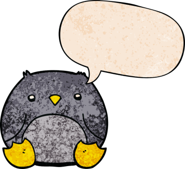 Konuşma baloncuğu olan karikatür pengueni insan tarafından çizilmiş.