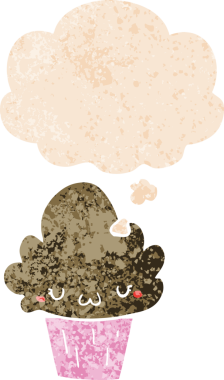 Yüzünde düşünce kabarcığı olan, grunge 'da sıkıntılı eski moda bir insan tarafından çizilmiş çizgi film keki.