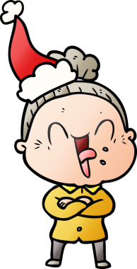 Bir insan tarafından çizilmiş Noel Baba şapkası giyen mutlu yaşlı bir kadının el çizimi karikatürü.