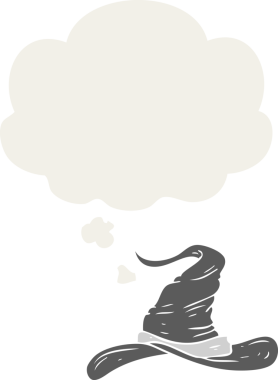 Düşünce baloncuğu olan çizgi film sihirbazları şapkası insan tarafından çizilmiş.