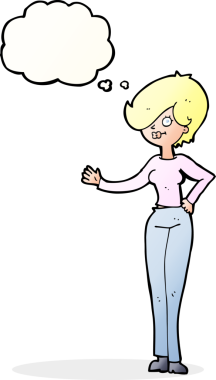 Bir insan tarafından çizilmiş düşünce baloncuğuyla el sallayan çizgi film kadını.