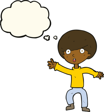 Bir insan tarafından çizilen düşünce baloncuğu ile panikleyen çocuk.