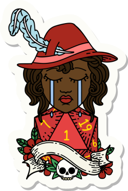 Ağlayan bir insan Druid karakterinin çıkartması. Bir insan tarafından çizilmiş doğal bir D20 rulosu.