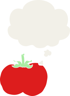 Düşünce baloncuklu karikatür domatesi insan tarafından çizilmiş.