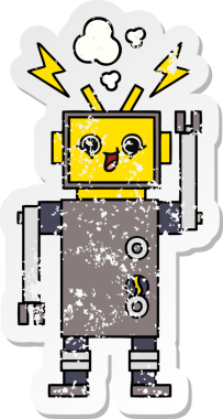 Bir insan tarafından çizilmiş sevimli bir robot çizgi film çıkartması.