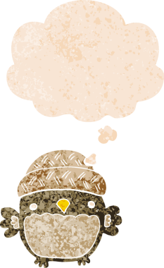 Şapkalı şirin bir baykuş. Grunge 'da düşünce baloncuğu var. Bir insan tarafından çizilmiş desenli.