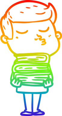 Gökkuşağı gradyan çizgi çizimi bir çizgi film modeli somurtuyor bir insan tarafından çizilmiş kitapları tutuyor.