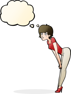 Bir insan tarafından çizilmiş düşünce baloncuğu olan bir şeye bakan çizgi film kadını.