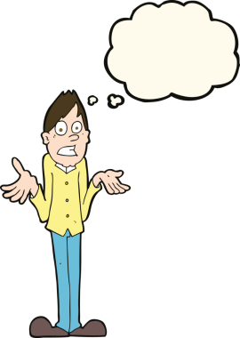 Bir insan tarafından çizilmiş düşünce baloncuğuyla omuzlarını silkeleyen çizgi film adamı.