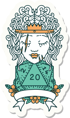 Bir insan tarafından çizilmiş 20 zarlı elf barbar karakterinin çıkartması.