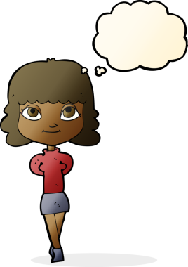 Bir insan tarafından çizilmiş düşünce balonlu mutlu kız çizgi filmi.