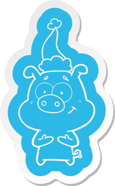 Bir insan tarafından çizilmiş Noel Baba şapkası takan bir domuzun komik çizgi film çıkartması.