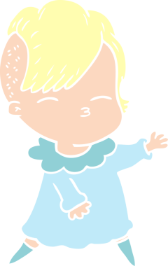 Düz renkli çizgi film çizen kız bir insan tarafından çizilmiş.