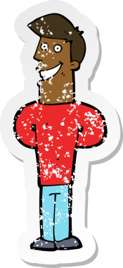 Bir insan tarafından çizilmiş sırıtan bir çizgi film karakterinin kederli retro yapıştırması.