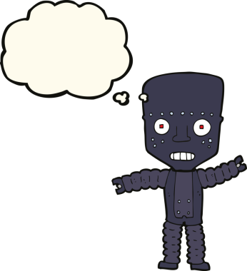 Bir insan tarafından çizilmiş düşünce baloncuklu çizgi film robotu