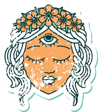 İkonik sıkıntılı dövme stili. Üçüncü gözü ve bir insan tarafından çizilmiş çiçek desenli kadın yüzü.