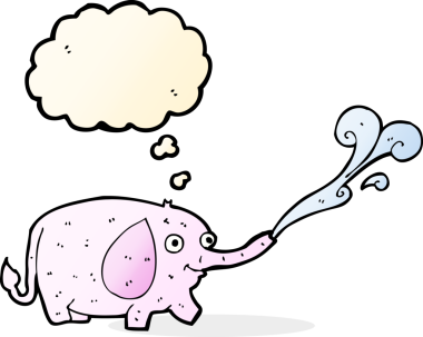Bir insan tarafından çizilmiş düşünce baloncuğuyla su fışkırtan komik küçük bir fil.