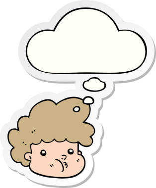 İnsan tarafından çizilmiş bir çıkartma gibi düşünce balonu olan çizgi film çocuğu.