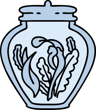 Bir insan tarafından çizilmiş büyü malzemeleri kavanozu.