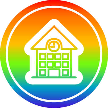 Okul binası dairesel simgesi gökkuşağı gradyanı bir insan tarafından çizilmiş.