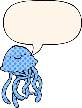 Çizgi roman tarzında konuşan mutlu denizanası bir insan tarafından çizilmiş.